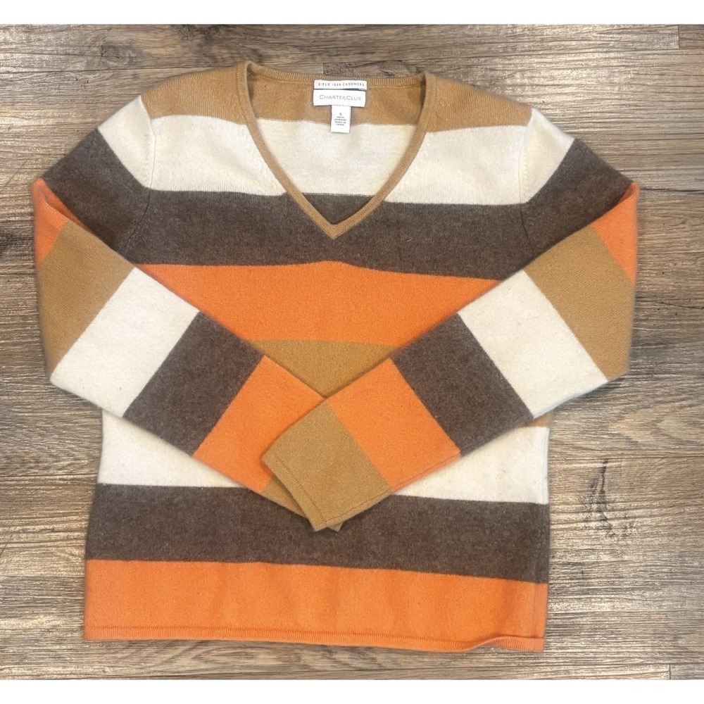 Vintage Charter Club 2 Ply 100% Cashmere Striped V Neck Sweater Mom Women Small - Picture 4 of 11
